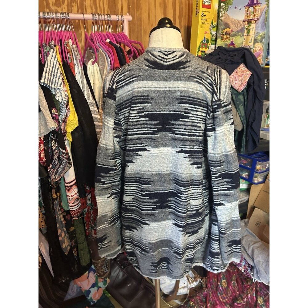 LUCKY BRAND Aztec Drape Open Front Cardigan Sweater Black & Gray Knit Sz‎ M - Picture 7 of 11